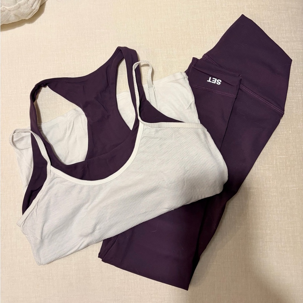 SET Active Ribbed Light Gray Sports Bra with Deep Purple Leggings